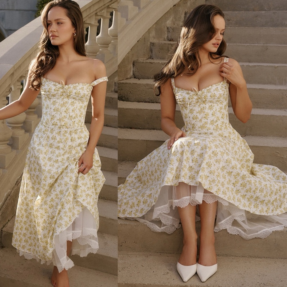 House of CB M D-DD ‘Rosalee’ White Vintage Floral Print Cotton Bustier Sundress